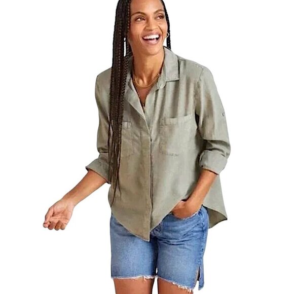 Anthropologie CLOTH & STONE Green Split Back Button Up High Low Shirt - Picture 4 of 12